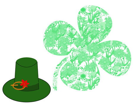 Ein irischer Hut  mit einer Blume. Rechts daneben ein großes vierblättriges Kleeblatt mit einem floralen Muster innen.