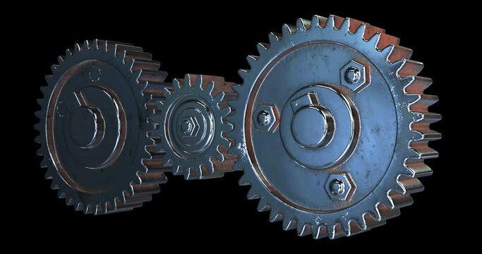Spinning gears of fate . 
Powerful steel gears. They rotate constantly and cyclically. Shiny metal covered with rust. Alpha channel. ProRes 4444. Loop playback. Film 4K.

