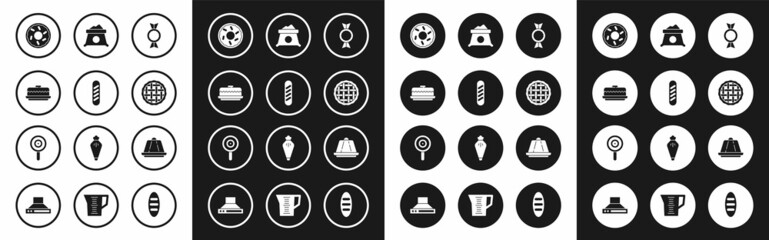 Set Candy, French baguette bread, Cake, Donut, Homemade pie, Bag of flour, Pudding custard and Lollipop icon. Vector