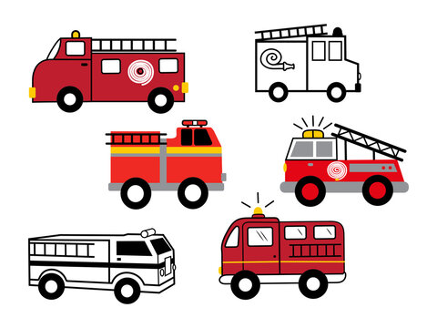 Set of cute fire truck. Collection of cartoon emergency service. Drawing for children. Vector illustration on white background. 