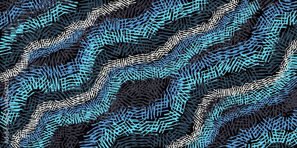 Poster blue, white, gray small lattices create wavy lines on a black background. the waves are at the same 
