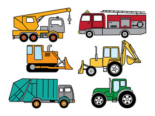 Set of cartoon transport. Collection of cute working cars. Colorful  illustration of tranportation for children. Toys.