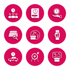 Set Always busy, Target sport, From 9, Smartwatch, Time to travel, Calendar search, Clock and Management icon. Vector