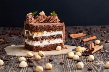 piece of layered cake with nuts and caramel