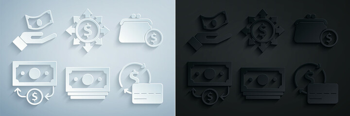 Set Stacks paper money cash, Wallet with coins, Credit card, Dollar, share, network and Hand holding icon. Vector