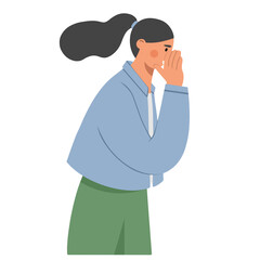 Young girl holding her hand near her mouth and telling a secret.  The concept of talking rumors or whispering. Flat vector illustration isolated on white background.