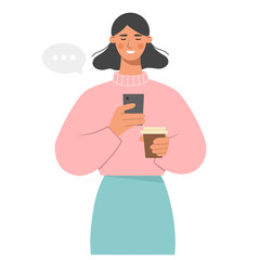 Young girl holding smartphone and a cup of coffee. The woman writes posts or reviews on social networks. Concept of online communication, chat or mobile app use. Flat vector illustration.