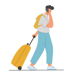 Young man with travel suitcase, backpack and mobile phone hurry to the plane. Business trip, summer vacation, recreation or tourism concept. Flat vector illustration.