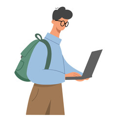 Young boy with a backpack and glasses holding a laptop in his hands. The concept of online education or work outside the office. Flat vector illustration isolated on white background.