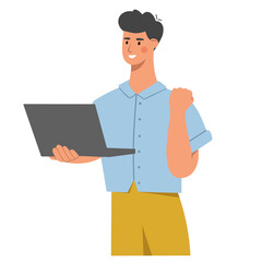 Happy man with laptop, raises his hands up in joy. Concept of happiness, victory or lucky. Flat vector illustration isolated on white background.