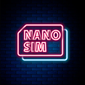 Glowing neon line Nano Sim Card icon isolated on brick wall background. Mobile and wireless communication technologies. Network chip electronic connection. Colorful outline concept. Vector