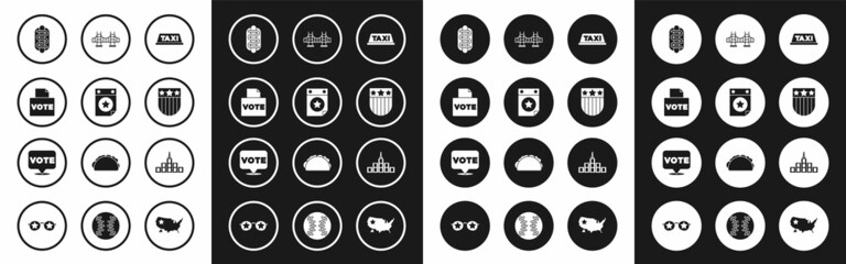 Set Taxi car roof, Calendar with date July 4, Vote box, Hotdog sandwich, Shield stars, Golden gate bridge, City landscape and icon. Vector