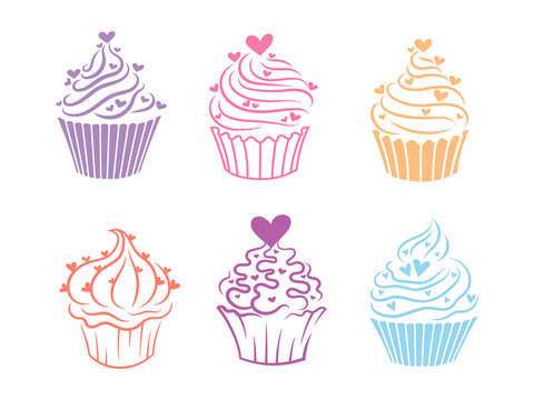 Set of cute cupcakes. Collection of cupcakes with heart. Lovely muffins. Dessert for Valentine's day. Sweet pastries with cream. Linear art. Vector illustration on baker shop.