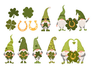 Set of irish garden gnomes. Collection of St. Patrick's Day Gnomes with shamrock and horseshoe. Couple of garden elves with сlover. Colorful illustration for festive postcard.