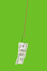 Minimal concept of catching money. Arrangement made of a dollar banknote on a fish hook. Bright...