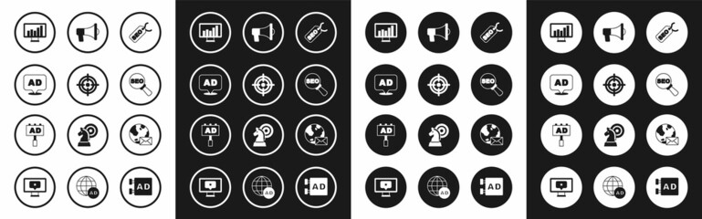 Set SEO optimization, Target, Advertising, Monitor with graph chart, Megaphone, Earth globe mail and icon. Vector