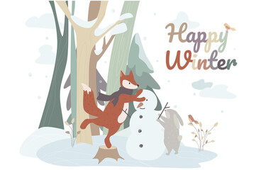 Happy winter concept background. Cute animals greeting wintertime. Fox and rabbit make snowman together at edge of forest. Snowy landscape with trees. Vector illustration in flat cartoon design