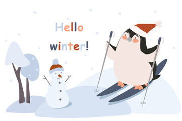 Hello winter concept background. Penguin skiing on snowy slopes next to snowman in ski resort. Cute animal greeting wintertime and outdoor activities. Vector illustration in flat cartoon design