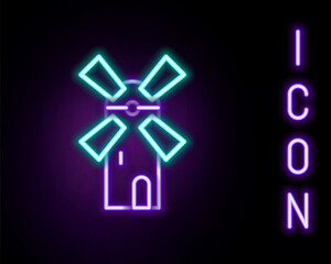 Glowing neon line Windmill icon isolated on black background. Colorful outline concept. Vector