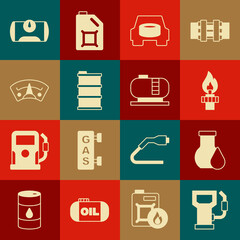 Set Petrol or gas station, Oil petrol test tube, rig with fire, Spare wheel in the car, Barrel oil, Motor gauge, Gas tank for vehicle and storage icon. Vector