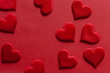 Red Valentine day background with red hearts, top view. St. Valentine Day concept