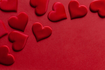 Valentine day background with red hearts, top view