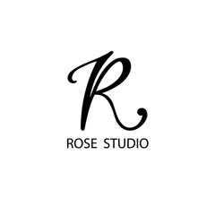 Rose studio. Black  Letter R handwritten logo. Stylish logotype for the beauty business, spa, nail studio, makeup, cosmetology, hairdressing salon. Vector illustration.Fashion. 