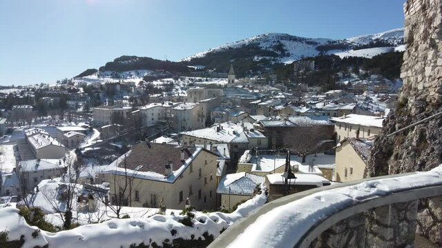 The beautiful village of Pescocostanzo covered in snow during winter time. Abruzzo, central Italy.	