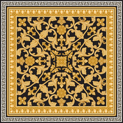 Baroque scrolls rosette, golden Greek key pattern, meander border frieze, carved frame on a black background. Scarf, bandana print, neckerchief, pocket handkerchief, carpet 
