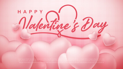 Lettering Happy Valentines Day banner. Valentines Day greeting card template with typography text happy valentine`s day and 3D pink heart and line on background. Design vector illustration