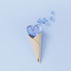 3d render of blue heart shaped ice cream. Flat lay.
