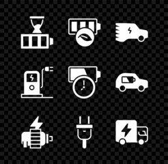 Set Battery charge, Eco nature leaf battery, Electric car, motor, plug, truck, charging station and icon. Vector
