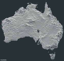 Topographic negative relief map of AUSTRALIA with white contour lines on dark gray background