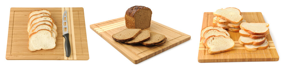 Breadboard rolling pin and sliced bread isolated on white