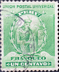 Peru - Circa 1898 A postage stamp from Peru showing a portrait of the ruler of the Inca Empire Atahualpa