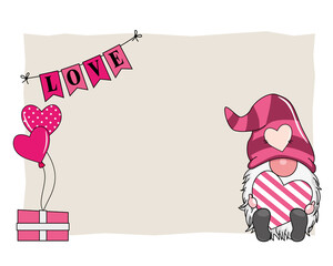 Valentine card. Gnome with heart. Poster with space for text