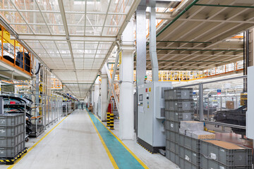 Factory for production of cars. Modern automotive industry. Interior of plant