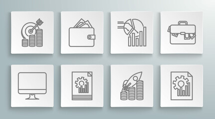 Set line Computer monitor screen, Wallet with stacks paper money cash, Document graph chart, Rocket flying up coins growth, Pie infographic, Briefcase and and Target symbol icon. Vector