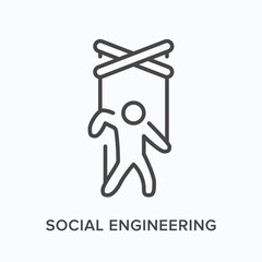 Social engineering flat line icon. Vector outline illustration of puppet and threads. Black thin linear pictogram for customer manipulation