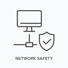 Network safety flat line icon. Vector outline illustration of computer, line and shield. Black thin linear pictogram for cyber security