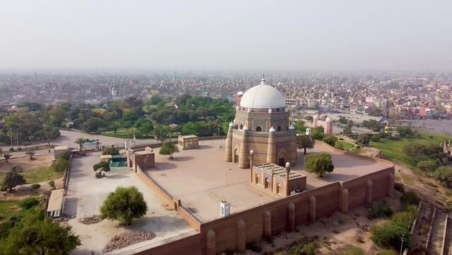 Arial Shot Of Tomb Of Shah Rukn E Alam At Multan With City View