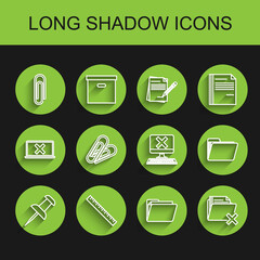Set line Push pin, Ruler, Paper clip, Document folder, Delete, and Computer with keyboard and x mark icon. Vector