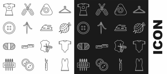 Set line Woman dress, Baby clothes, Yarn ball with knitting needles, Sewing chalk, Needle for sewing thread, button, and Electric iron icon. Vector
