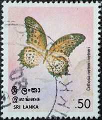 Sri Lanka - circa 1978: a postage stamp from Sri Lanka, showing a butterfly Tamil Lacewing Cethosia-nietneri, Butterflies series, circa 1978