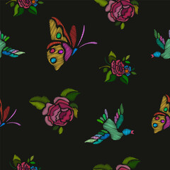 Embroidery floral pattern elements, birds and insects. Vector design fashion clothes style.