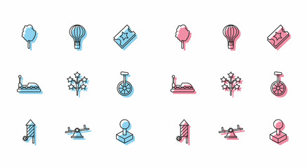 Set line Firework rocket, Seesaw, Cotton candy, Joystick for arcade machine, Fireworks, Unicycle one wheel bicycle, Bumper car and Hot air balloon icon. Vector © Oksana