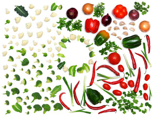 Set of mixed vegetables with framed space for writing inside . Broccoli,cauliflower,cherry tomatoes, red chilly paper,paprika ,onions, cilantro, parsley ,garlic on white background.Flat lay,top view
