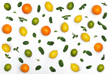 Set from fresh lemons, limes, oranges, mint leaves on the white background. Top view ,flat lay 