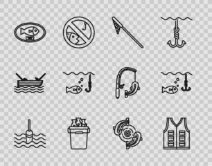 Set line Fishing float in water, jacket, net, bucket with fishes, trophy hanging on the board, hook under, and icon. Vector