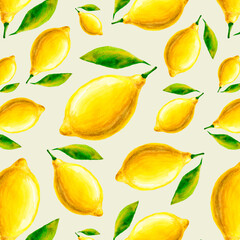 seamless pattern lemons watercolor yellow background